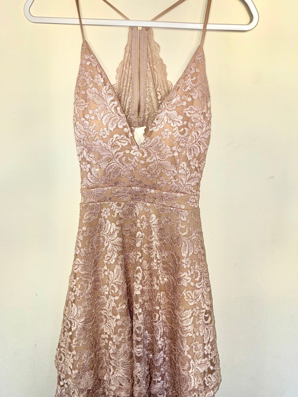 Champagne Lace V-Neck Spaghetti Strap Dress -Emerald Sundae Large